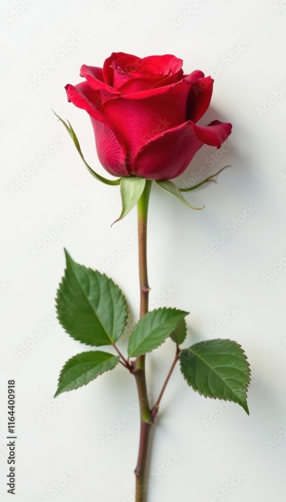 Fototapeta premium A stunning single red rose stands out against the purest white backdrop, highlighting its vibrant color and elegant shape, solo bloom, rose