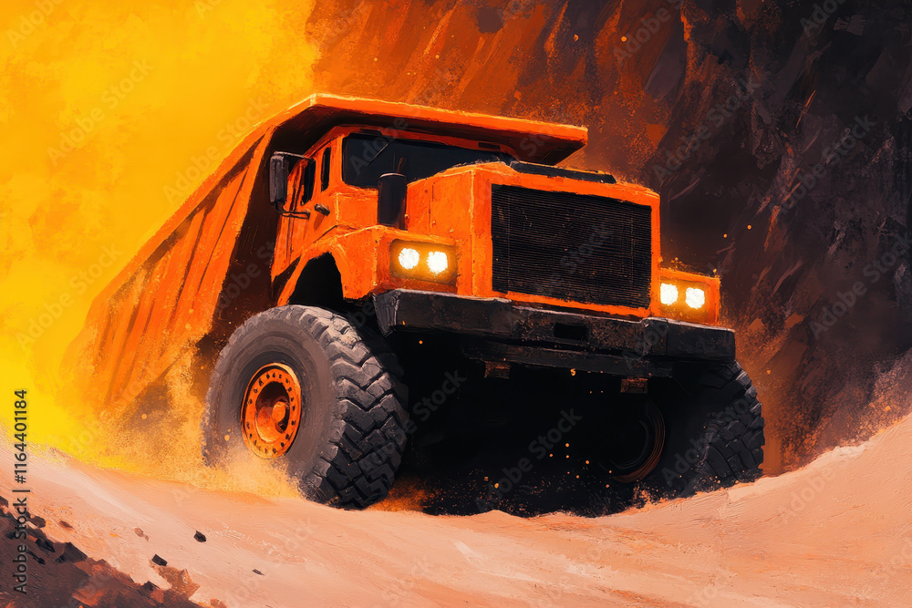 Powerful Orange Dump Truck Navigating Sandy Terrain in Dynamic Construction Environment with Heavy Machinery and Robust Engineering Powerful Orange Dump Truck Navigating Sandy Terrain in Dynamic Construction Environment with Heavy Machinery and Robust Engineering