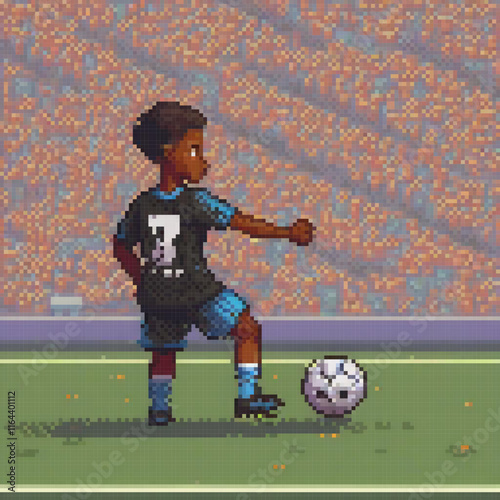 Boy in pixel art kicking soccer ball on grassy field