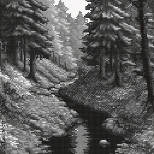 Pixel art of a serene, black and white stream in a woodland setting.