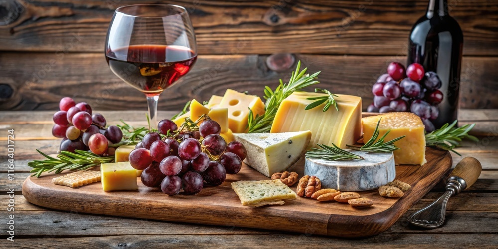A rustic wooden board overflowing with a delightful assortment of cheeses, complemented by ripe red grapes and fragrant rosemary sprigs, all set beside a glass of rich red wine. A rustic wooden board overflowing with a delightful assortment of cheeses, complemented by ripe red grapes and fragrant rosemary sprigs, all set beside a glass of rich red wine.
