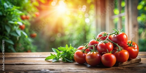 A bountiful harvest of ripe red tomatoes on the vine, displayed on a rustic wooden surface with fresh herbs, bathed in warm sunlight. photo