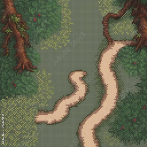 Pixel art depicting a serene river flowing through a lush forest, surrounded by trees and bushes.