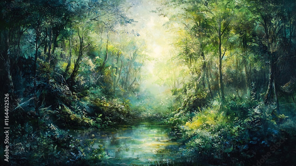 Obraz premium A serene, lush forest scene with vibrant greenery surrounding a calm, reflective water body. Sunlight filters through the thick canopy, creating a magical, ethereal atmosphere. The foliage showcases a