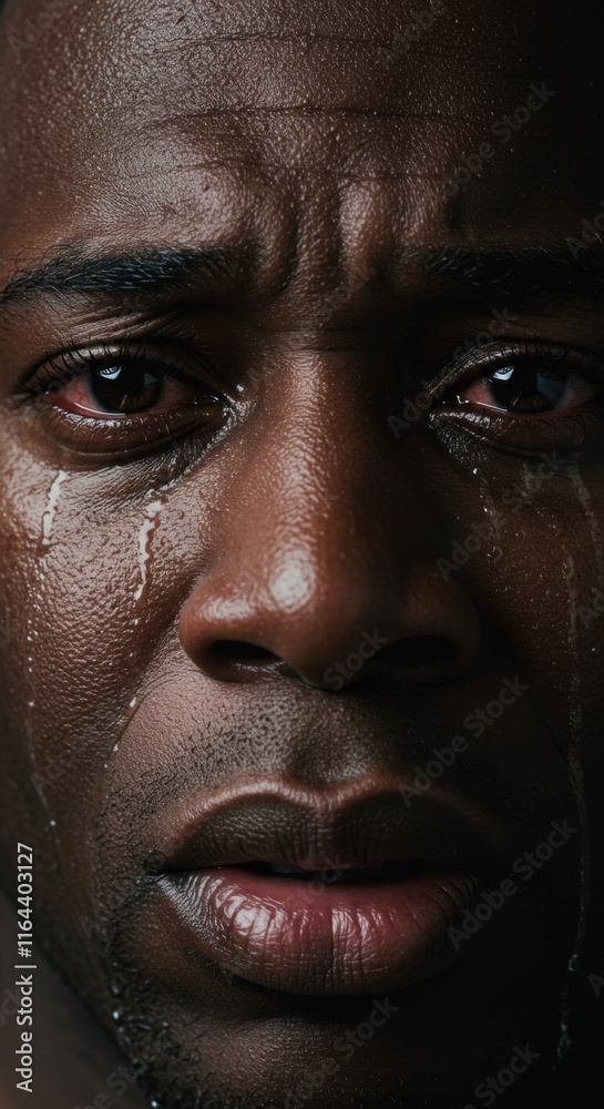 Fototapeta premium Close up of Black Man face, Cry Sad Crying Expression, Zoom In, Zoomed Portrait