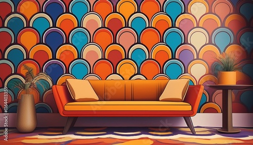 interiors with wallpaper in 1970s style, AI generated