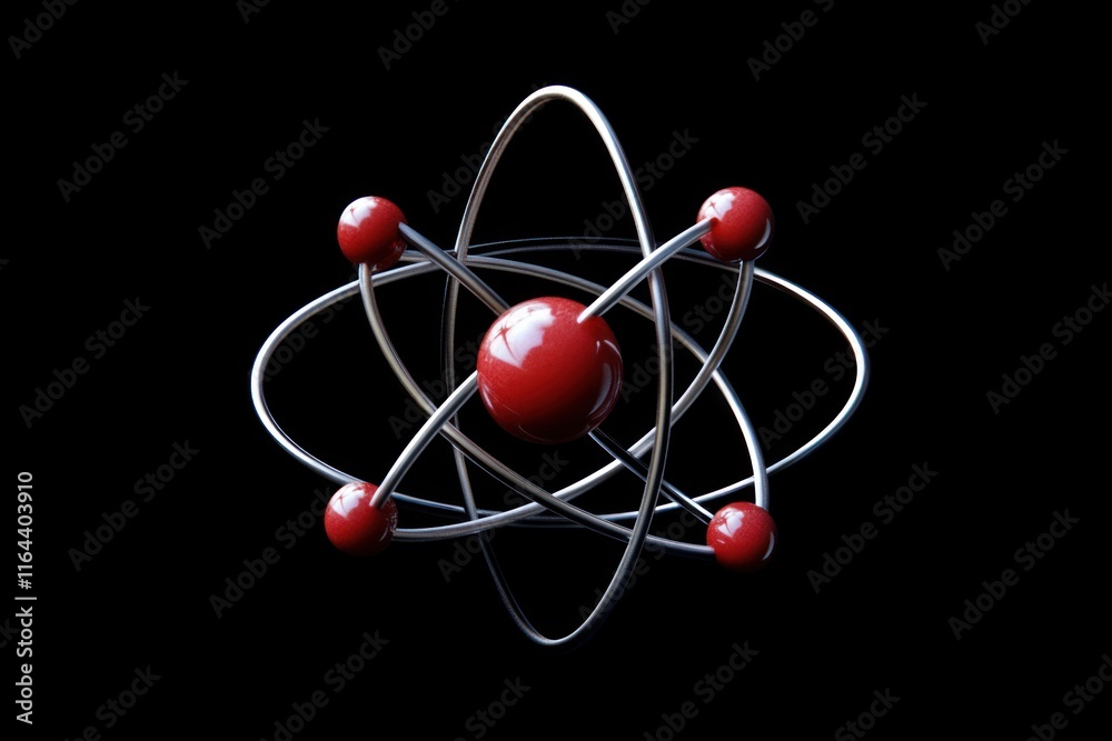 3D model of a red atom with electrons orbiting a nucleus on a black background. 3D model of a red atom with electrons orbiting a nucleus on a black background.
