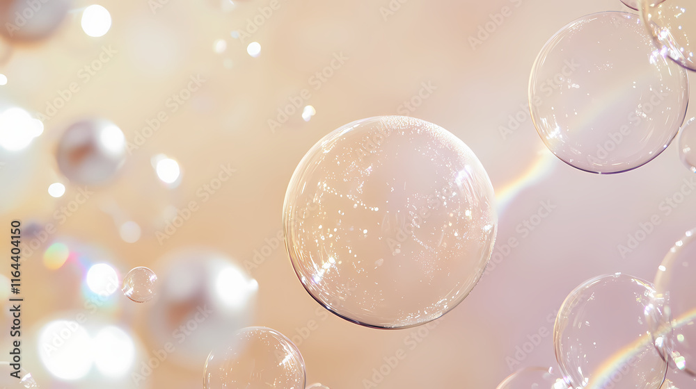 Fototapeta premium Close-up of bubbles and pearls on a beige background, with ample copy space