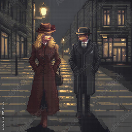 Pixel art depicts a couple strolling at night on a city street.