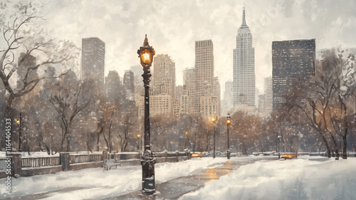 A streetlight glowing faintly against falling New York snow, Snowy New York, Digital Art photo