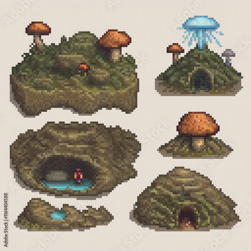 Pixel art forest mushrooms collection