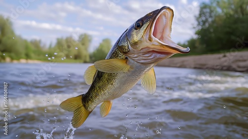 A vibrant perch leaps out of the river, water droplets sparkling mid-air, against a serene background of lush green trees and a bright, cloudy sky. photo