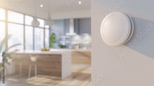 Carbon Monoxide Detector on White Wall with Blurred Modern Kitchen Background, Focusing on Safety and Awareness