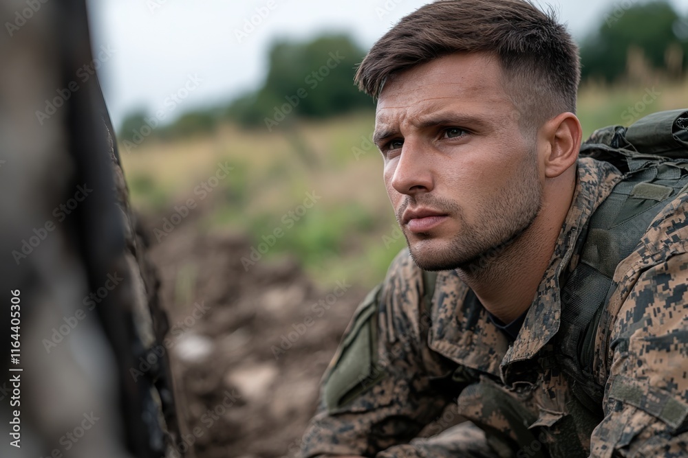 Fototapeta premium A soldier is captured in a contemplative moment, surrounded by nature, reflecting the personal side of military service amidst a backdrop of tranquility.