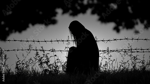 Barbed wire backlit in silhouette, dramatic sky. Borders between nations. Search for freedom. Refugees leaving their homes. Generative Ai

