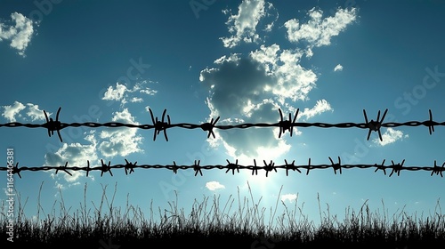 Barbed wire backlit in silhouette, dramatic sky. Borders between nations. Search for freedom. Refugees leaving their homes. Generative Ai
 photo