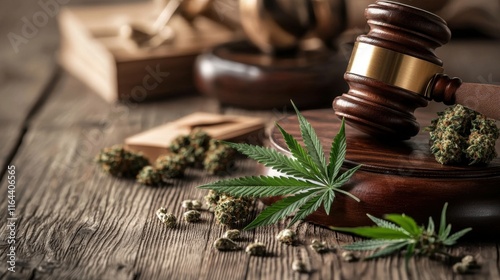 A gavel rests on a wooden table surrounded by cannabis leaves and buds, symbolizing the intersection of law and marijuana regulation.