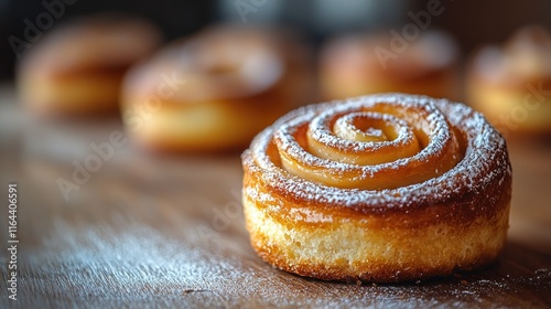 Close-up of a sweet spiral pastry dusted with powdered sugar.