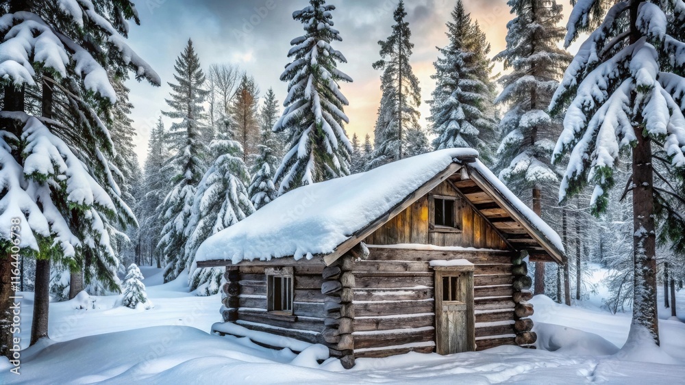 Rustic Log Cabin Nestled in a Snow-Covered Winter Wonderland, Illuminated by the Golden Hour Sun Rustic Log Cabin Nestled in a Snow-Covered Winter Wonderland, Illuminated by the Golden Hour Sun