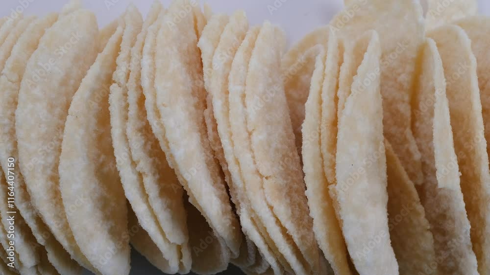 Stack of Potato chips in close view. Slider Shot. Fast food, snacks, treats concepts. 4k Stack of Potato chips in close view. Slider Shot. Fast food, snacks, treats concepts. 4k