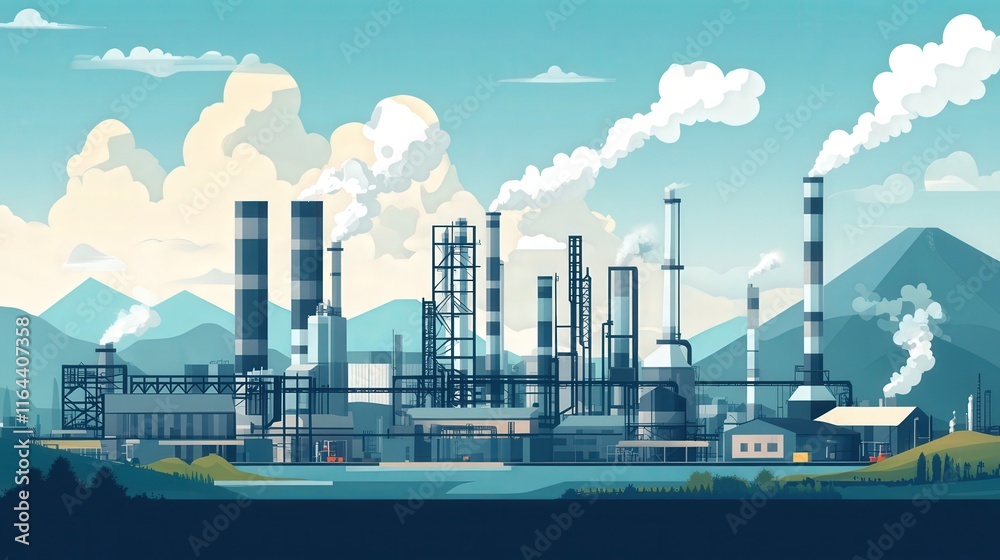 Obraz premium Industrial complex with smokestacks against mountains during daytime under a clear sky