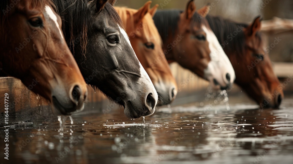 Fototapeta premium A group of horses standing in a pool of water, their heads above the surface