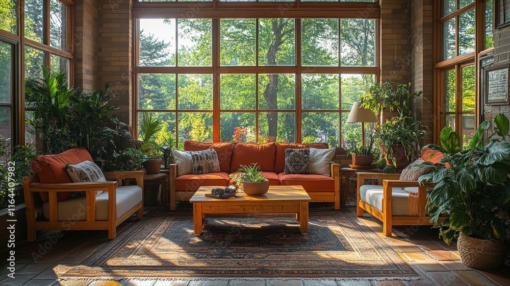 Sunlight floods a cozy living room adorned with vibrant orange couches, a wooden coffee table, and numerous houseplants, creating a tranquil atmosphere perfect for relaxation.
