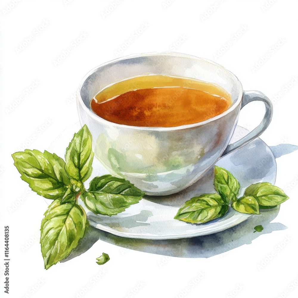 Fresh Mint Tea in White Cup with Green Leaf Decorations Fresh Mint Tea in White Cup with Green Leaf Decorations