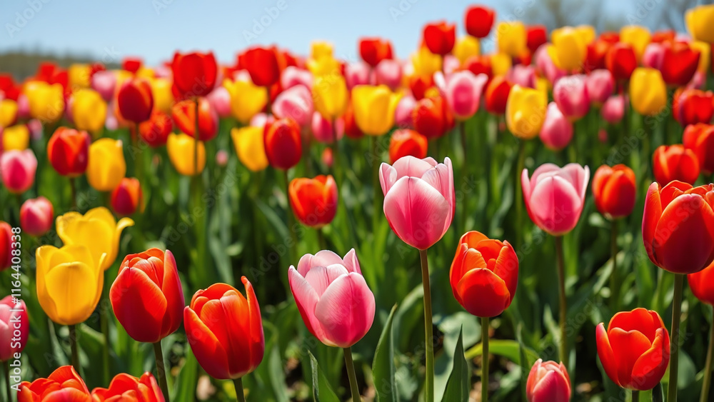 Tulip garden: A lush garden filled with colorful tulips in shades of red, pink, yellow, and orange, their delicate petals glowing in the sunlight against a clear blue sky Tulip garden: A lush garden filled with colorful tulips in shades of red, pink, yellow, and orange, their delicate petals glowing in the sunlight against a clear blue sky