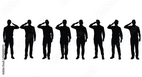 A set of saluting army soldiers silhouette vector illustration