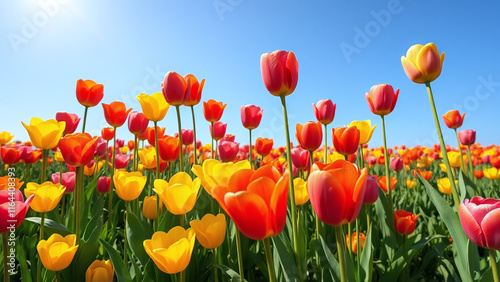 Tulip garden: A lush garden filled with colorful tulips in shades of red, pink, yellow, and orange, their delicate petals glowing in the sunlight against a clear blue sky