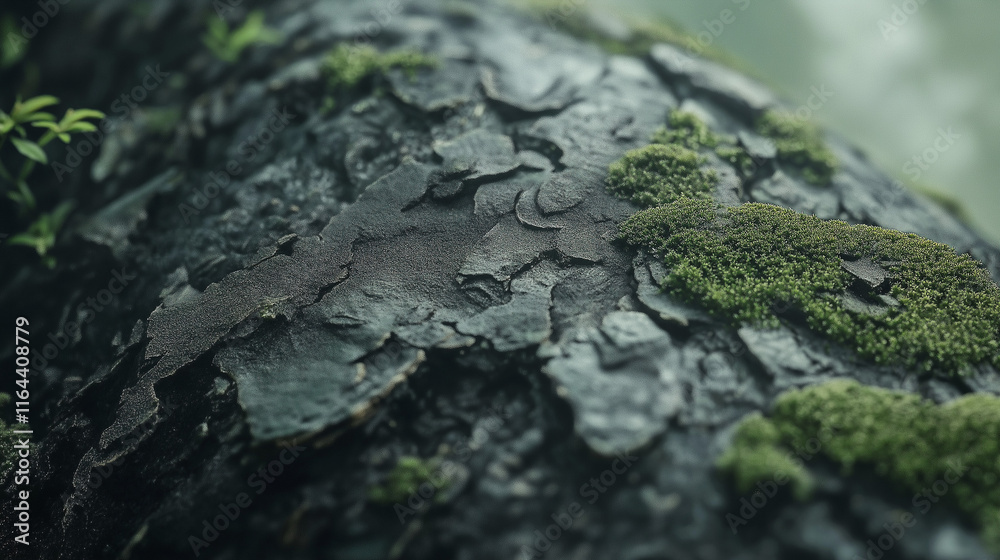 Macro Close-Up of Tree Trunk with Moss and Natural Texture