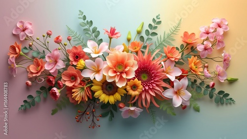 Vibrant Whimsical Flower Bouquet, Sunflowers, Dahlias, Cherry Blossoms in a Curved Arrangement with Soft Gradient Background