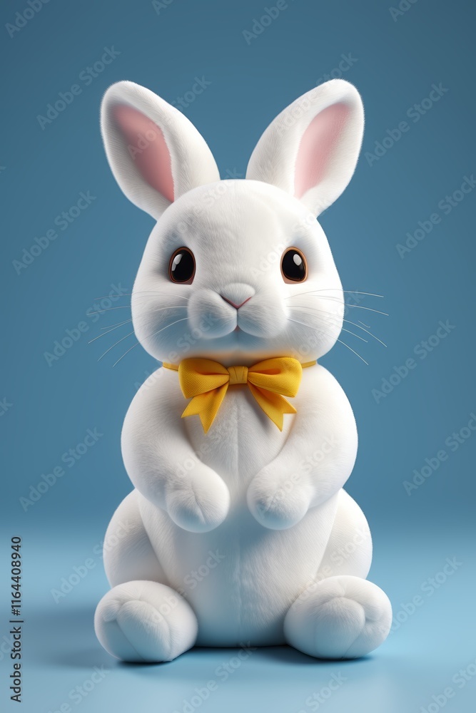 Fototapeta premium there is a white rabbit with a yellow bow sitting on a blue surface