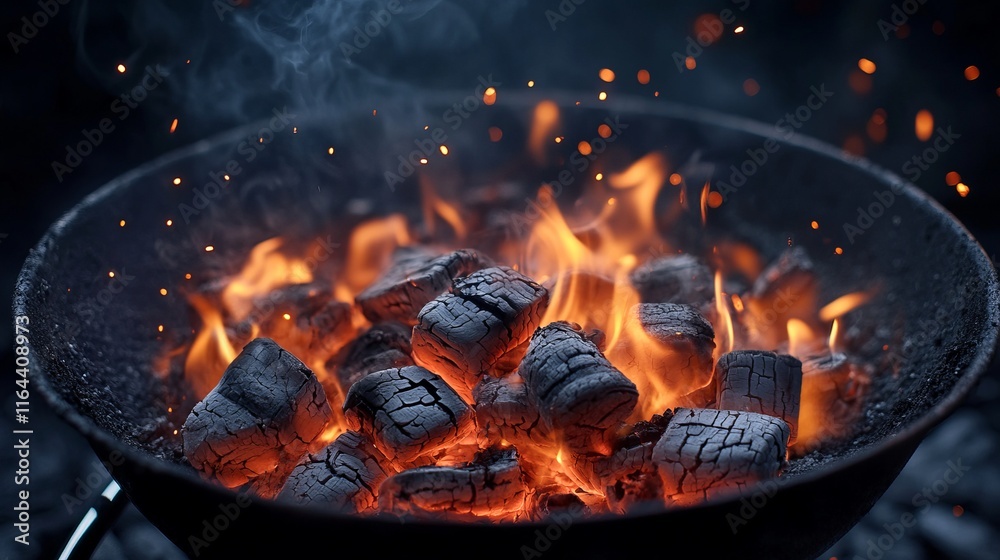 Warm flames leap and flicker among dark charcoal in a grill, creating an inviting atmosphere for a summer cookout. The aroma of sizzling food is in the air Warm flames leap and flicker among dark charcoal in a grill, creating an inviting atmosphere for a summer cookout. The aroma of sizzling food is in the air