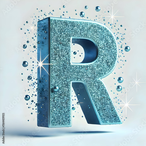 blue 3d letter R in glitter texture isolated on white background