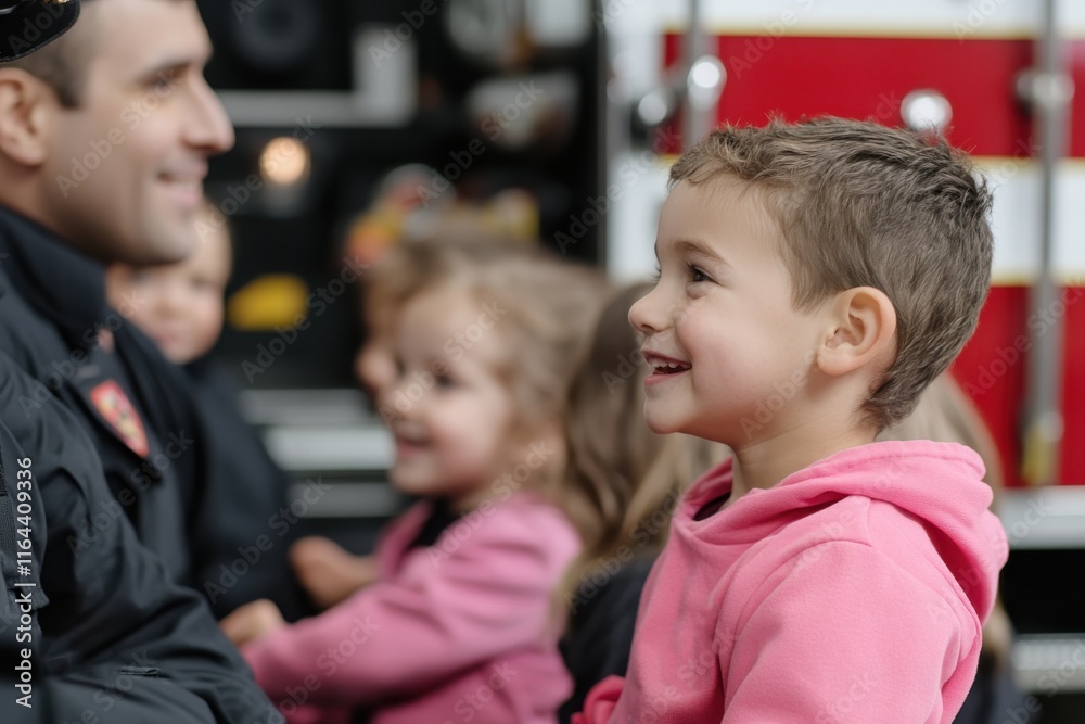 A joyful child smiles while interacting with a firefighter during a community event, highlighting the warmth of connection and celebration of public safety. A joyful child smiles while interacting with a firefighter during a community event, highlighting the warmth of connection and celebration of public safety.