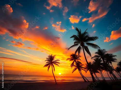A vibrant sunset over a tropical beach with palm trees swaying