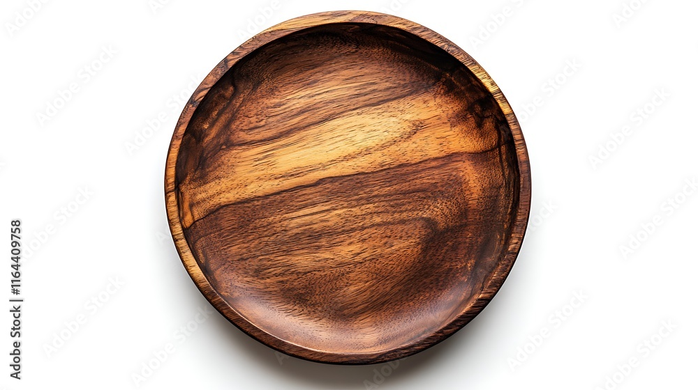 A circular, wooden plate is centered A circular, wooden plate is centered