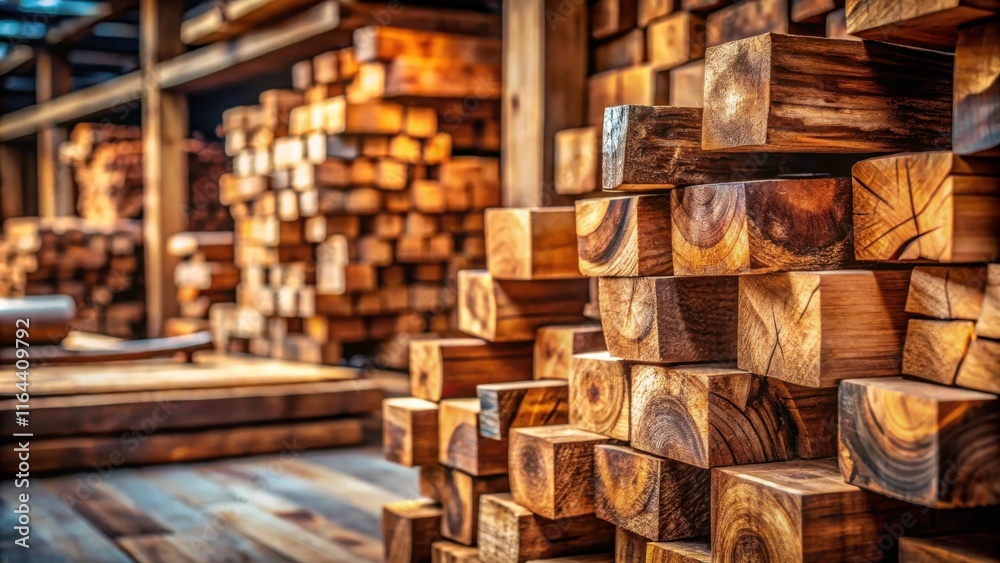 Fototapeta premium Warehouse Stack of Sawn Lumber Blocks Ready for Construction