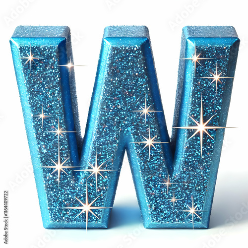 blue 3d letter W in glitter texture isolated on white background photo