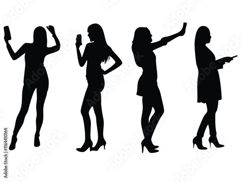 A set of women taking selfie vector silhouette illustration