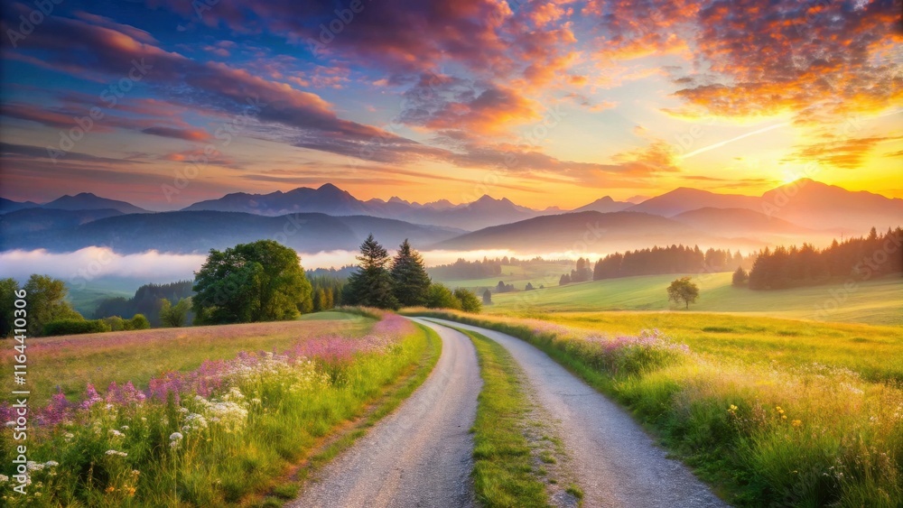 Serene Sunrise Over Rolling Hills and a Winding Country Road Serene Sunrise Over Rolling Hills and a Winding Country Road