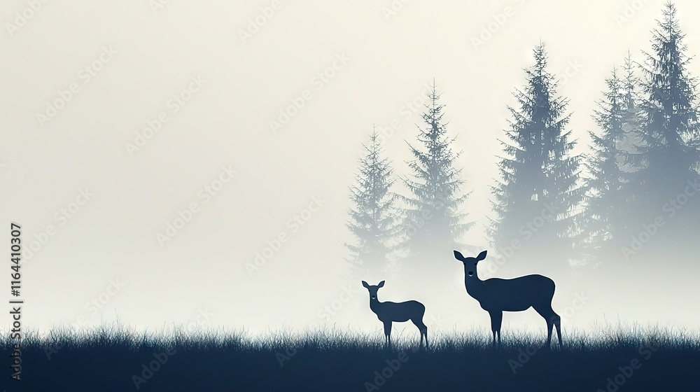 Fototapeta premium Two deer stand atop a green meadow adjacent to a dense pine tree forest