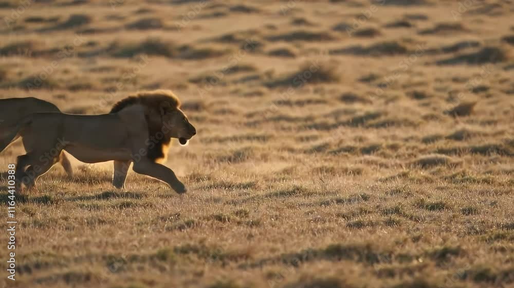 Lions Running in Harmony Across the Golden Savanna Lions Running in Harmony Across the Golden Savanna