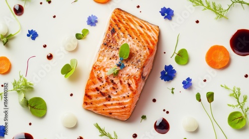 Perfectly cooked salmon steak fine dining composition. Grilled fresh salmon in an artistic composition with micro greens, edible flowers, peas and drizzles of sauce. High cuisine photo