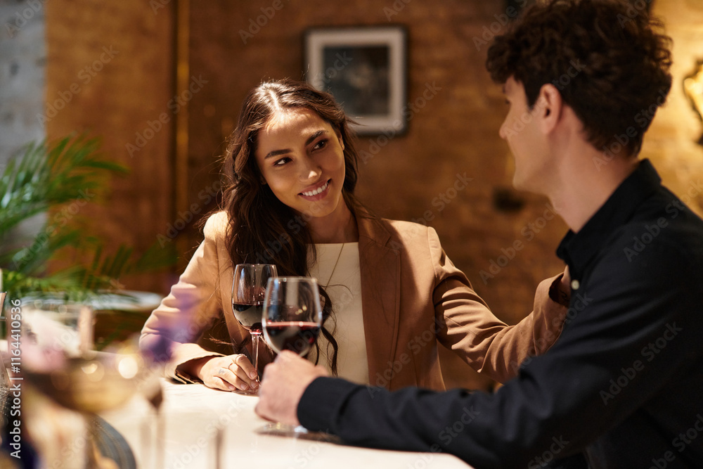 A young couple enjoys a special moment at a restaurant for Valentines Day. A young couple enjoys a special moment at a restaurant for Valentines Day.
