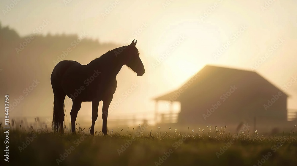 A horse stands atop a green field beside a wooden structure with a barn in the background A horse stands atop a green field beside a wooden structure with a barn in the background