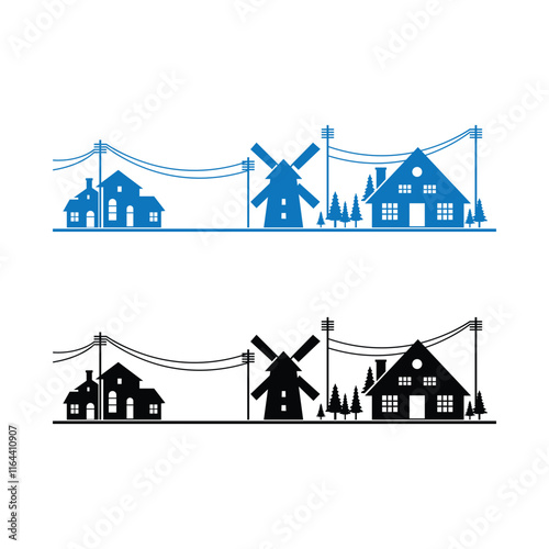 Illustration of a Farm House and Windmill Silhouette and color versions