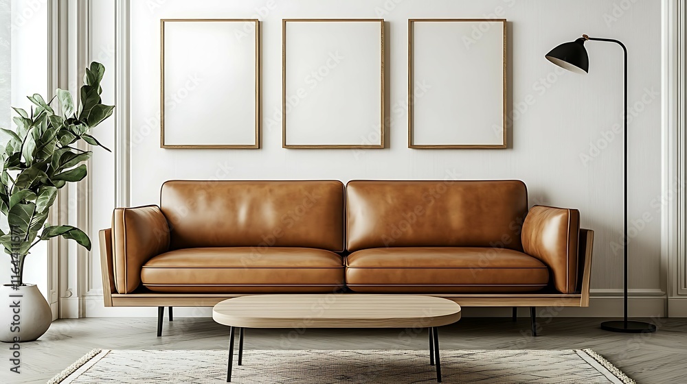 Fototapeta premium Tan leather sofa, wooden coffee table, three empty frames, floor lamp, plant in a living room.